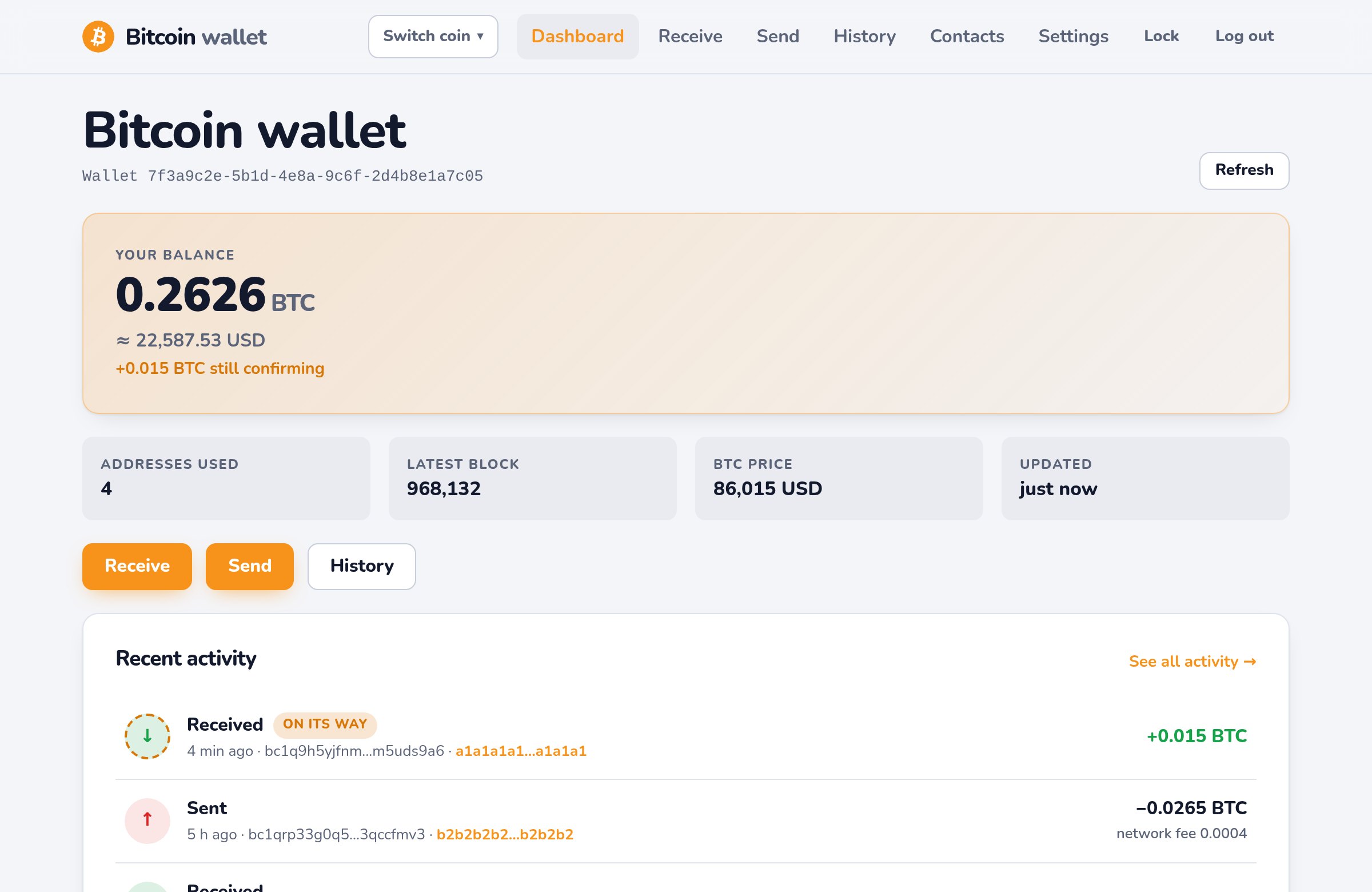 The wallet dashboard: balance in coin and in your currency, recent payments, and buttons to receive and send.