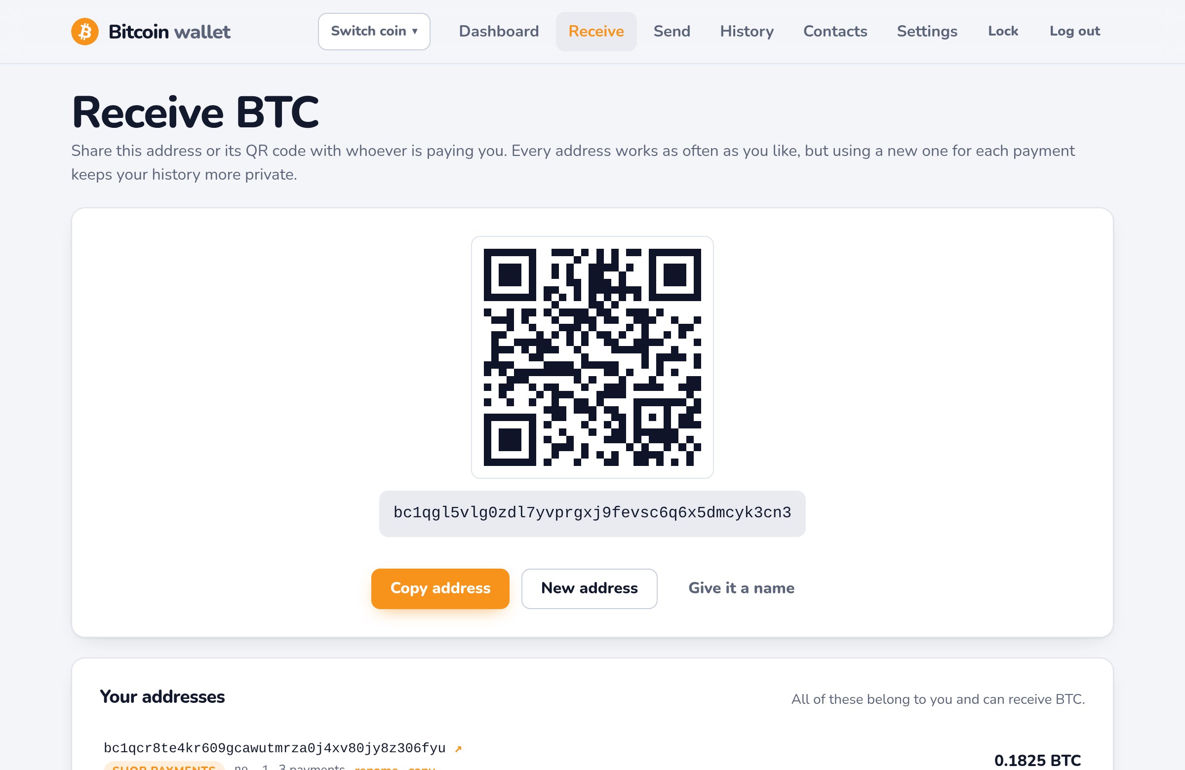 The receive screen with a large QR code and a copy button.